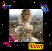 a picture of a woman surrounded by butterflies with the name muza on the bottom