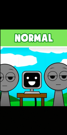 two cartoon characters are standing in front of a computer with the words normal above them