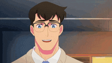 a man wearing glasses and a suit is smiling in front of a sign that says cartoon network