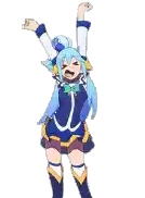 a cartoon girl with blue hair is standing with her arms in the air .