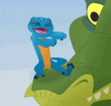 a cartoon of a blue lizard sitting on top of a green lizard