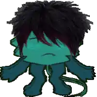 a cartoon drawing of a monster with black hair and a tail