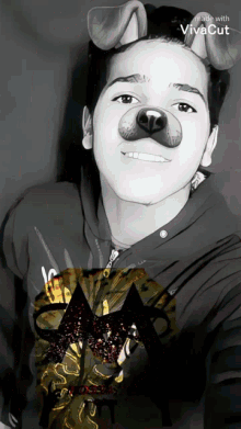 a black and white photo of a man wearing a dog mask made by vivacut