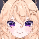 a close up of a cartoon character with purple eyes