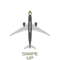 a starlux airplane is shown from below with the words swipe up below it