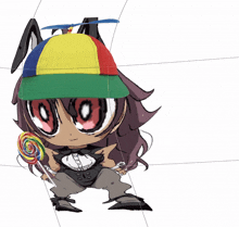 a drawing of a girl wearing a hat and holding a colorful lollipop