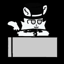 a white cat wearing a top hat is sitting at a table .