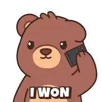 a brown teddy bear is talking on a cell phone with the word i won on his chest