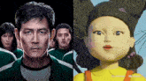 a group of people standing next to each other and a yellow doll standing next to them