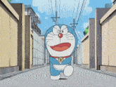 a cartoon of doraemon running down a street