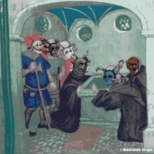 a painting of a man kneeling in front of a group of demons with maleficus origin written at the bottom