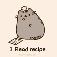 a cartoon cat with a chef 's hat on is reading a recipe .
