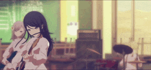 a girl playing a violin in a classroom with other girls