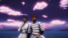 a man and a woman are standing in front of a cloudy sky with a nice shirt on