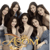 a group of women are posing for a picture with the word asom in gold letters