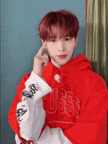 a young man with red hair is wearing a red hoodie and a white shirt .
