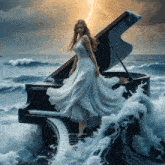 a woman in a white dress is standing on a piano in the middle of the ocean