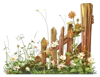 a wooden fence surrounded by grass and flowers on a white background