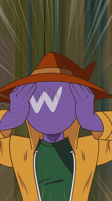 a cartoon character with a hat and a purple ball with a white w on it