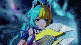 a girl with blue hair and yellow hair is wearing headphones and holding a piece of paper with a letter l on it