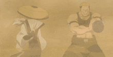 a man with a gun is standing next to a woman in a hat