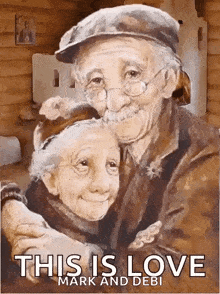 a painting of a man and woman hugging with the words this is love mark and debi