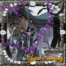 a picture of a man with long hair and purple flowers says good evening