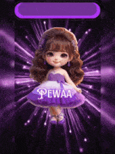 a doll in a purple dress with the name pewaa written on it