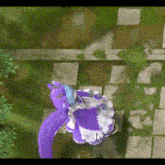 a purple stuffed animal in a white and blue dress is standing on a stone walkway .