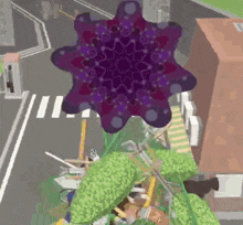 a computer generated image of a purple flower in the middle of a city street