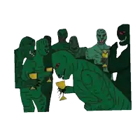 a group of green monsters are holding wine glasses in their hands