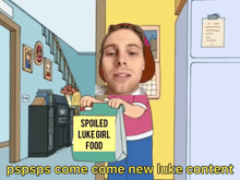 a cartoon character holding a bag of spoiled luke girl food