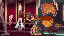 a group of cartoon characters standing in front of a sign that says " jackpot "
