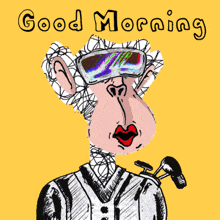 a cartoon drawing of a woman with a golf club and the words good morning