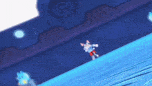 a cartoon character is floating in the air in a blue room .