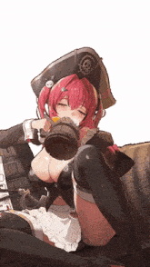 a girl with red hair is wearing a pirate hat and holding a mug of beer