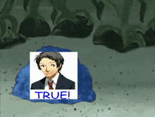 a picture of a man in a suit and tie with the word true on it