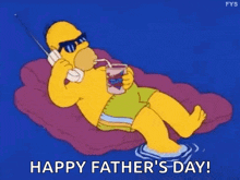 homer simpson is laying on a raft in the water talking on a cell phone .