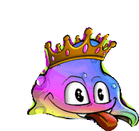 a cartoon character with a crown on his head sticking his tongue out
