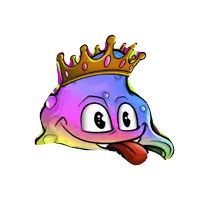 a cartoon character with a crown on his head sticking his tongue out