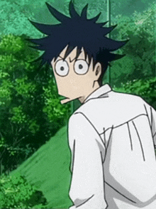 a cartoon character with a surprised look on his face is standing in front of trees .