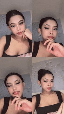 a collage of four photos of a woman in a black tank top and earrings