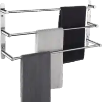 three towels are hanging on a towel rack with three bars