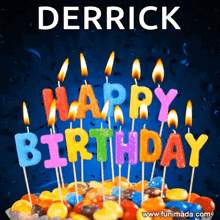 a birthday cake with colorful candles that say happy birthday