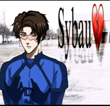 a drawing of a man in a blue uniform with sybau in the background