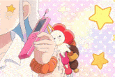 a cartoon girl is holding a pink cell phone