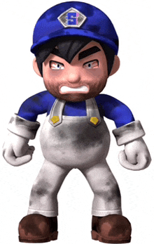 a cartoon character with a beard wearing a blue hat and overalls