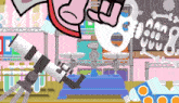 a cartoon illustration of a science lab with a skeleton and a scale