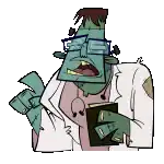 a cartoon of a zombie doctor holding a book and wearing glasses .