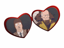 a pair of heart shaped sunglasses with two cartoon characters